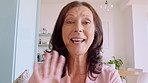 Happy, face and senior woman on video call for communication, contact and virtual chat. Retirement, home and portrait of mature person with hello, wave and talking for connection and conversation