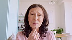 Happy, face and old woman on video call with sign language for communication, contact or chat. Retirement, home and portrait of elderly person with I miss you gesture for connection and conversation