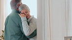 Old couple, relax and dance with love at house for movement, romance and bonding together. Senior people, embrace or moving with rhythm, romantic affection and partner support for marriage commitment