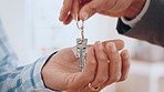 Hands, buyer or real estate agent with keys to new home for property sale, investment or handover. Moving, client and realtor with access to house for ownership transfer, mortgage success or purchase