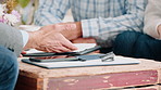 Hands, couple and document in home with financial advisor, budget discussion or mortgage. Paperwork, consultant or people in house for investment advice, taxes or planning for asset management