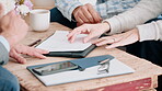 Financial advisor, documents and hands with couple in home for account, balance review and planning. Portfolio budget, banking paperwork and discussion with people in living room of apartment