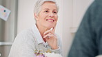 Talking, couple and senior woman in kitchen for conversation, bonding and connection. Retirement, home and elderly person with funny joke, laugh and happy for marriage, commitment and relationship