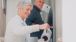 Love, smile or old couple in home with breakfast, healthy relationship or bonding in morning routine. Retired, happy or senior people with food, romantic connection or meal together at start of day.