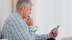 Senior, man and research with phone in home for online browsing, network or connection. Elderly, male person or thinking with mobile smartphone or app for choice, decision or selection in house