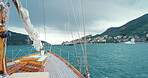 Travel, sailing and journey with yacht outdoor for tropical getaway, summer vacation and ocean. Transportation, luxury cruise and adventure with boat in nature for seaside, holiday and paradise