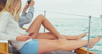 Friends, relax and photography on boat with phone, summer holiday or social media update for travel. People, sailing or journey on yacht with tech, tropical vacation together or picture of ocean view