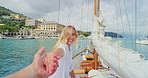 POV, woman and couple on boat with holding hands, travel adventure and excited for summer holiday. Face, people and walk on yacht with healthy relationship, love or tropical vacation together at sea.