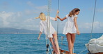 Travel, freedom and sailing with friends on yacht for cruise, seaside adventure and weekend getaway. Summer vacation, excited and tropical journey with women on boat outdoor for luxury holiday