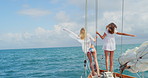 Friends, playful and travel with women on boat together for adventure, holiday or sea vacation. Excited, freedom and space with people on luxury yacht for getaway, journey or ocean trip from back
