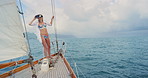 Ocean, woman and travel with VR headset on boat for holiday simulation, immersive sailing or AR. Trip, freedom and girl with 3D glasses on yacht for interactive cruise experience, metaverse or space