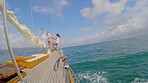 Friends, space and travel with women on boat together for adventure, holiday or sea vacation. Excited, freedom and playful with happy people on luxury yacht for getaway, journey or ocean trip