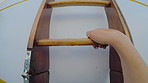 Person, hands and boat with ladder for boarding dock, travel or ocean trip in sea water. Sailor, traveler or ship with step on yacht for outdoor swim, holiday vacation or weekend getaway in nature