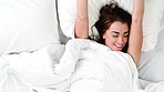 Happy woman, relax or wakeup on bed in home for good morning, well rested or comfort in home above. Top view, female person or awake with smile, pillow or duvet sheets for fresh start to day in house