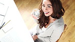 Happy woman, face and drinking with water in home above for hydration or natural nutrition. Top view, portrait or female person with smile, mineral liquid or beverage for vitamins or detox in house