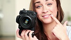 Woman, face and photographer with camera for angle, instruction or capture with lens in home studio. Portrait, female person or photoshoot with frame or smile for photography or direction in house