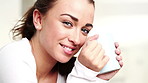 Face, woman and smile with coffee at house to start day for peace, calm morning and comfortable. Portrait, female person and happy with warm beverage, stress relief and cosy for weekend break in home