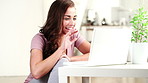 Video call, wave or woman in house with laptop, online chat or greeting on dating site. Happy, hello or female person in home with tech, digital conversation or connection on matchmaking platform.
