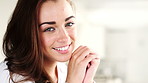 Wellness, face and woman in home with pride, positive attitude and chill on weekend break. Peaceful, space or female person in house with satisfaction, confidence and good mood in free time.
