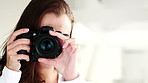 Space, home and face of woman with camera for photography, shooting and creative hobby. Happy, photographer and portrait of person with lens for picture, photo and capture memory for aesthetic