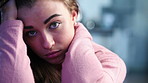 Face, sad and woman in home, stress and grief with mental health, burnout and fatigue. Emotion, tired and person depression in lounge, brain fog and loss with memory, regret and concern with pressure
