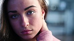 Face, sad and woman in home, rest and mental health with break, recovery and healing. Apartment, relax and person with depression in living room, bokeh and burnout with loss, emotion, fail or mistake