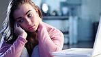Phone call, sad and talking with woman in home for breakup, communication and blocked message. Frustrated, grief and cyber bully voice voicemail with person with depression in apartment for worry