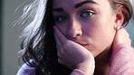 Thinking, sad and woman in home, stress and grief with mental health, tired, and fatigue. Apartment, reflection and person depression in lounge, brain fog and loss with memory, regret and concern