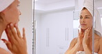 Happy, woman and skincare with mirror in home for self care, inspection and clear skin. Person, facial and reflection in house bathroom with towel for hygiene, grooming and wellness with dermatology