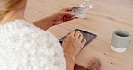 House, credit card and hands with tablet for ecommerce, buy coffee subscription and digital payment. Online shopping, caffeine club sale and woman with tech for checkout, typing bank details and info