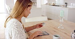 Home, credit card and woman with tablet for ecommerce, subscription payment and digital transaction. Online shopping, virtual purchase or person with fintech for checkout, typing bank details or info