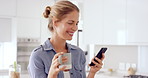 Mobile, smile and woman in kitchen with tea, funny meme or scroll gif on internet forum in morning. Home, beverage or happy person with phone for social media, reading joke or website on weekend