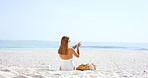 Woman, relax and sunscreen by ocean with summer holiday, UV protection or skincare outdoor for wellness. Back, space and person apply spf cream by sea for dermatology, sunburn prevention or vacation.