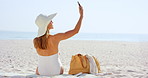 Woman, summer and beach with selfie for holiday, photography or outdoor picture in nature. Female person, travel or capture moment with hat or bag on space or ocean coast for social media or vacation