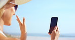 Travel, video call or woman at beach with wave, tourist vacation or online chat on weekend break. Happy, hello or person at sea with connection, digital communication or summer holiday in Australia.