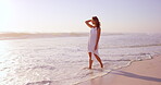 Travel, walking or woman at beach with thinking, mindfulness or peaceful insight on seaside vacation. Stroll, waves or tourist with getaway, calm perspective or summer evening on holiday break.