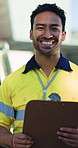 Distribution, face and man with clipboard for shipping schedule, career pride and about us. Industry, employee and person with checklist for quality assurance, logistics warehouse and supply chain