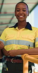 Happy, black woman and face with security in logistics for freight safety or shipping control. Portrait, female person or inspector with smile, clipboard or warehouse management for quality assurance