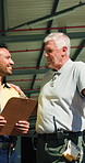 Clipboard, logistics and management with men outdoor together for delivery or shipping agenda. Collaboration, paperwork and update with happy supply chain team at distribution plant for planning