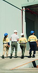 Shipping, logistics and people outdoor with walk, distribution update and discussion for export plan. Back, supervisor and team at warehouse with collaboration, supply chain feedback or conversation.