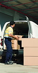 Man, boxes and packing with van for logistics, delivery or supply chain at warehouse depot. Male person, distribution or loader with vehicle, cargo or stock for freight, storage or courier service