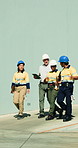 Business people, logistics or supervisor with team for shipping control, storage or distribution. Executive, security or inspector walking with group for quality assurance, dispatch or freight safety