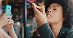 Phone, eating and women with pizza at restaurant for content creation, social media or website. Influencer, cellphone and group of girl friends with fast food for online filming at cafe or diner.