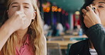 Women, friends and eating seafood at restaurant with oyster meal, taste testing and unique flavor. Smile, people or dining with shellfish for luxury delicacy, gourmet experience and cuisine appetizer