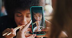 Phone screen, eating or hands with photography in restaurant, food challenge vlog or taste test video. Content creation, influencer or women with mobile to record mukbang, social media post or smile