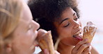 Ice cream, friends and women outdoor on holiday, laughing together and bonding on summer vacation. Cone, travel and happy people with dessert, eating treats or funny conversation with wind at hangout