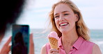 Video, friends and influencer at beach with ice cream, happiness or digital memory on summer vacation. Laugh, online post or people with cone, social media update or content creation on seaside trip.