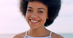 Happy, travel and face of woman by beach for summer vacation, holiday or weekend trip with calm. Outdoor, peace and portrait of female person by ocean for seaside getaway in Brazil for break.