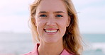 Travel, face or woman at beach with laugh, ocean trip and fresh air on summer break. Windy, happiness or female person at seaside with portrait, tourist vacation or outdoor getaway in Australia.