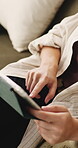 Scroll, above or hands in house with tablet, blog platform or video update on social media. Internet search, multimedia or person with tech, ebook subscription or digital browse in free time.